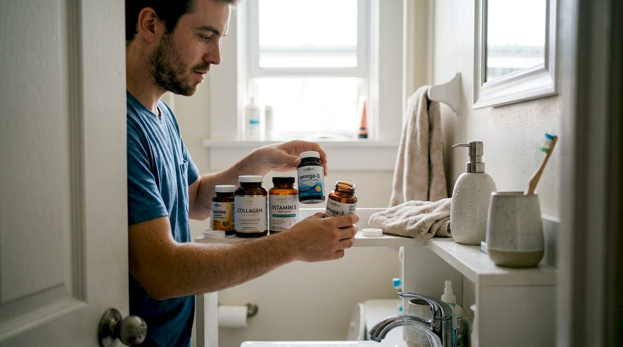 Man arranging supplement bottles on bathroom shelf