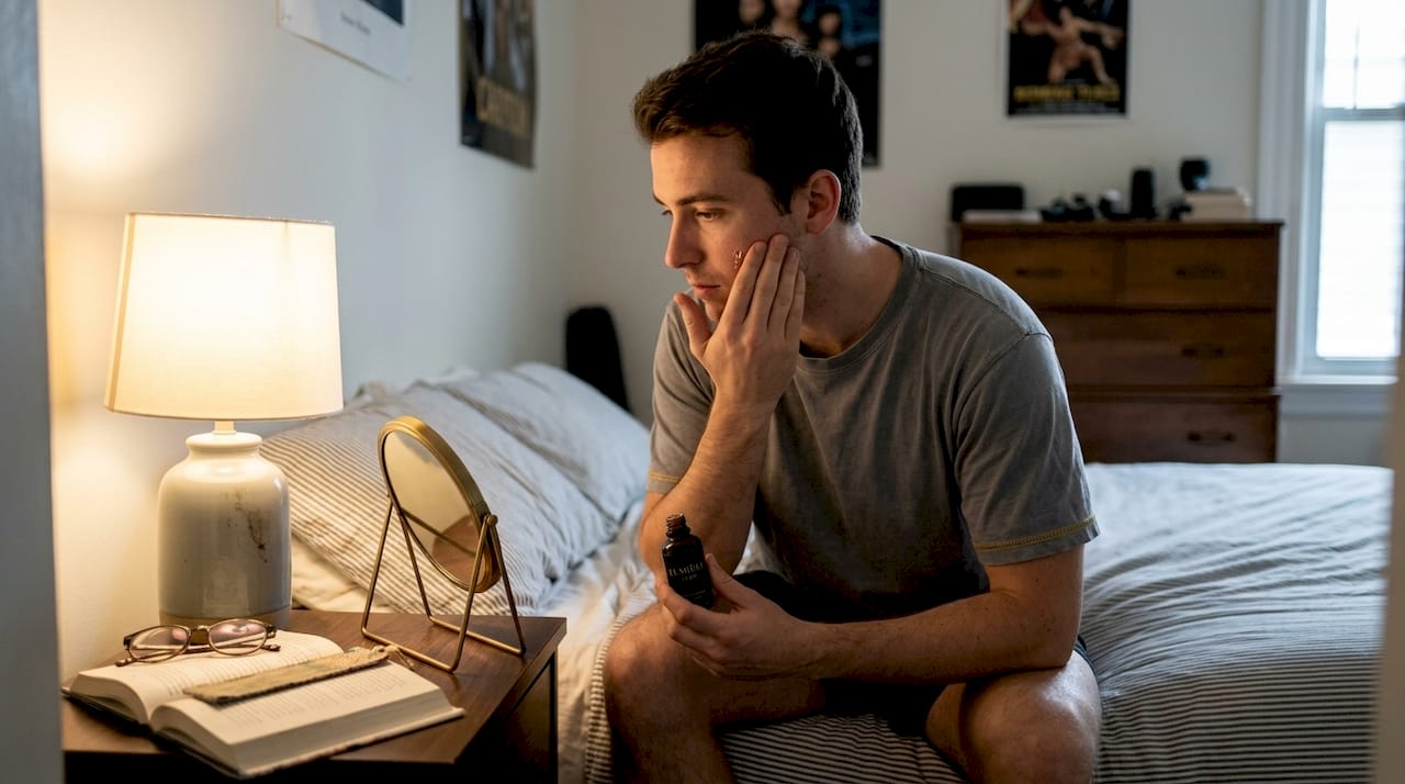 Man applying serum during nightly skincare routine