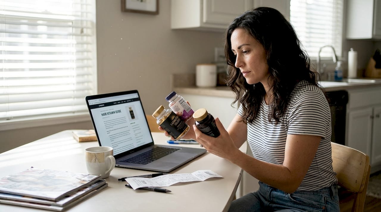 Woman comparing hair vitamin bottles online