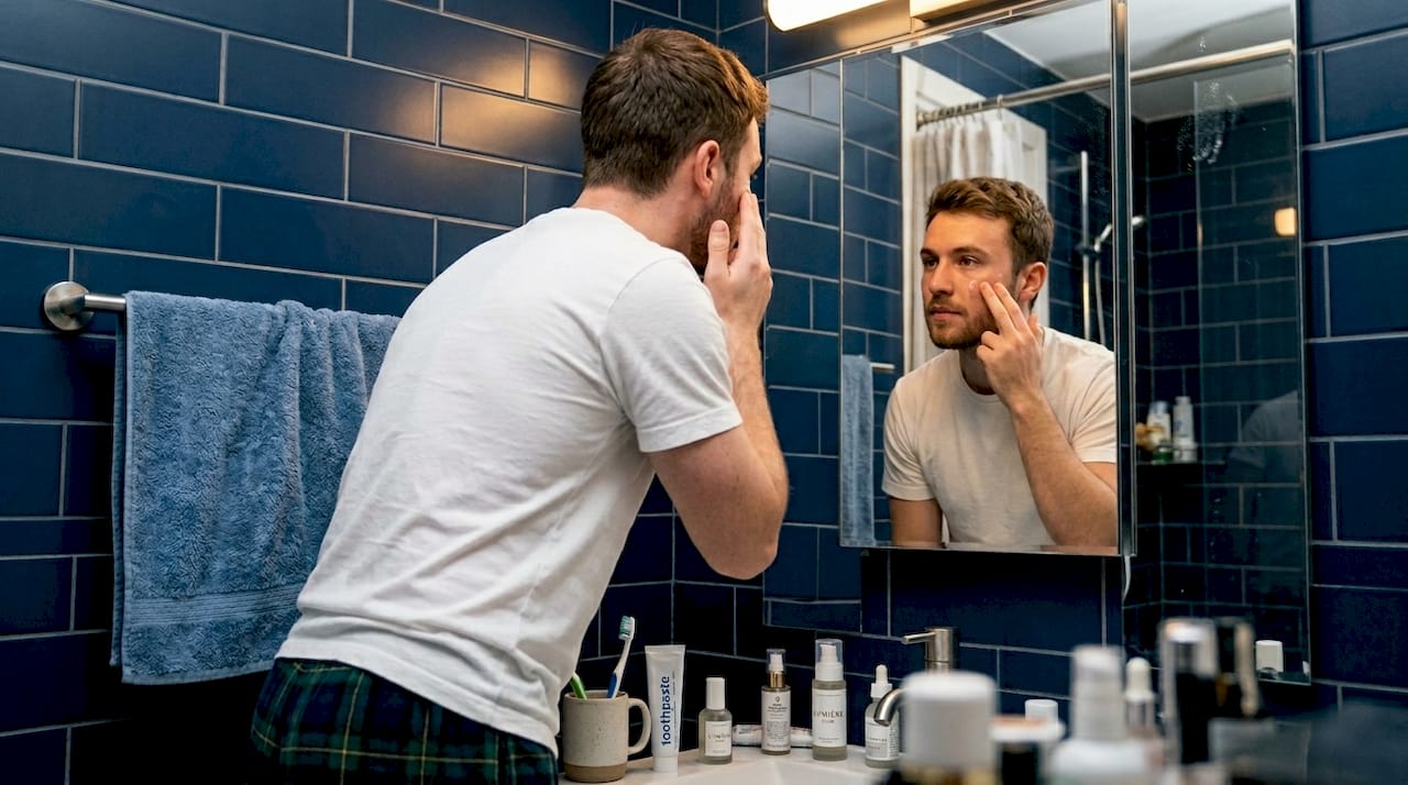 Man applying retinol serum at night