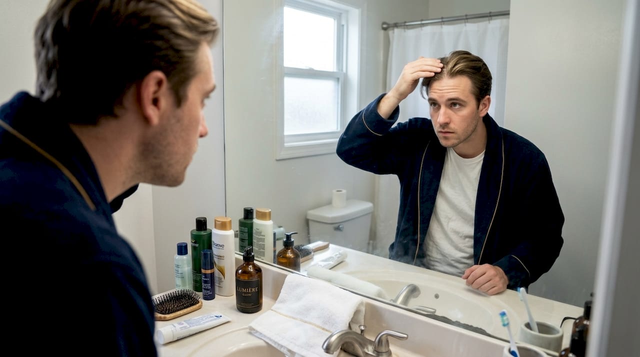 Man checking scalp in bathroom mirror
