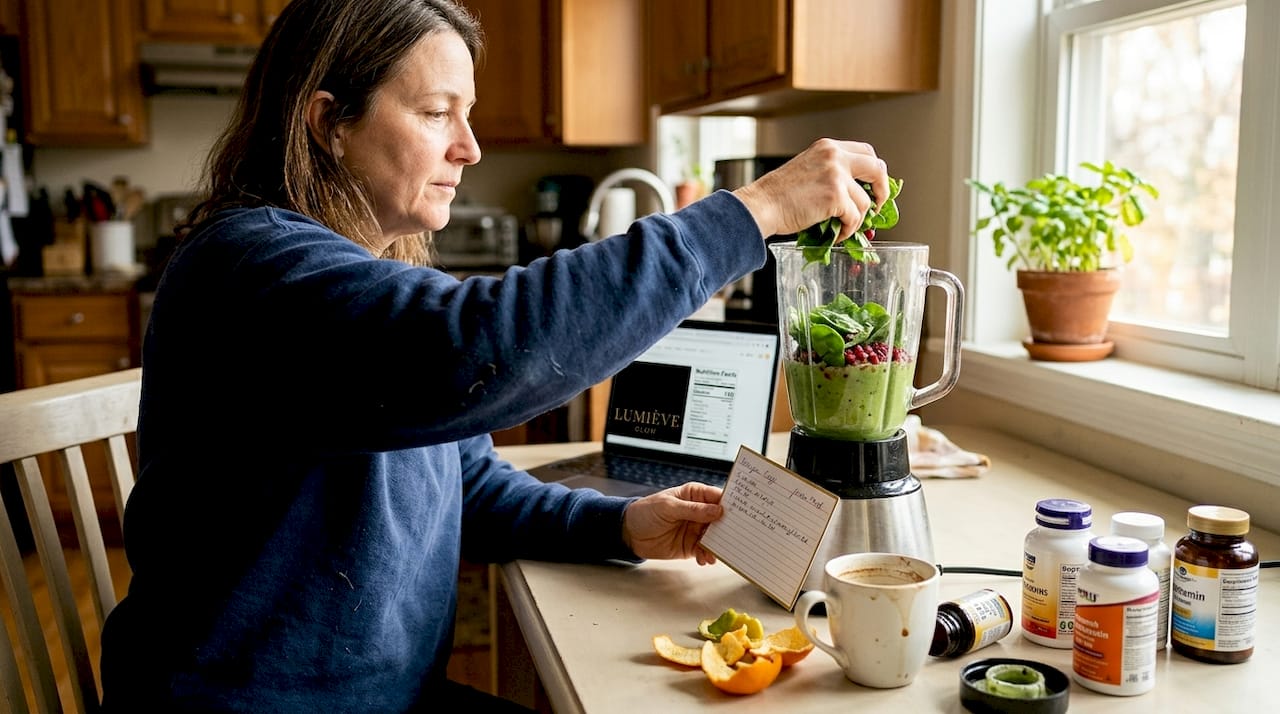 Woman preparing smoothie with supplements in kitchen