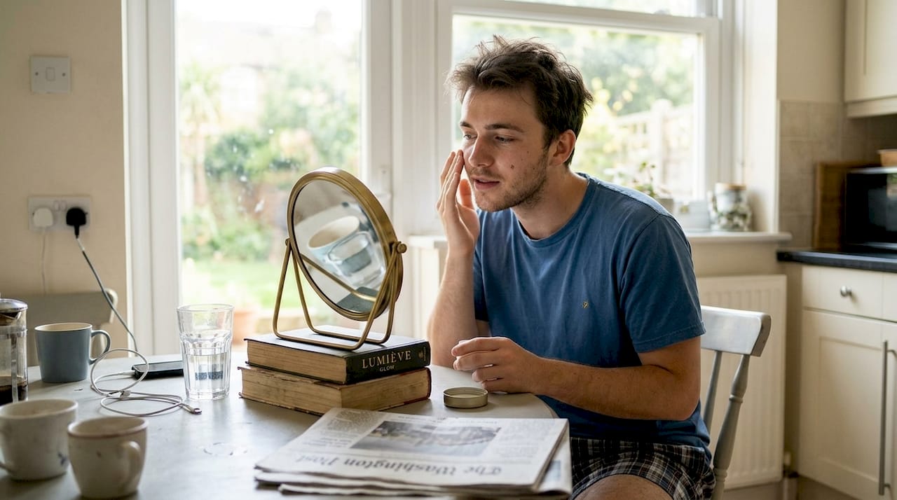 Man applying moisturizer at kitchen table