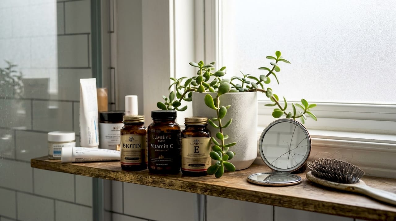 Biotin and vitamin supplements on bathroom shelf