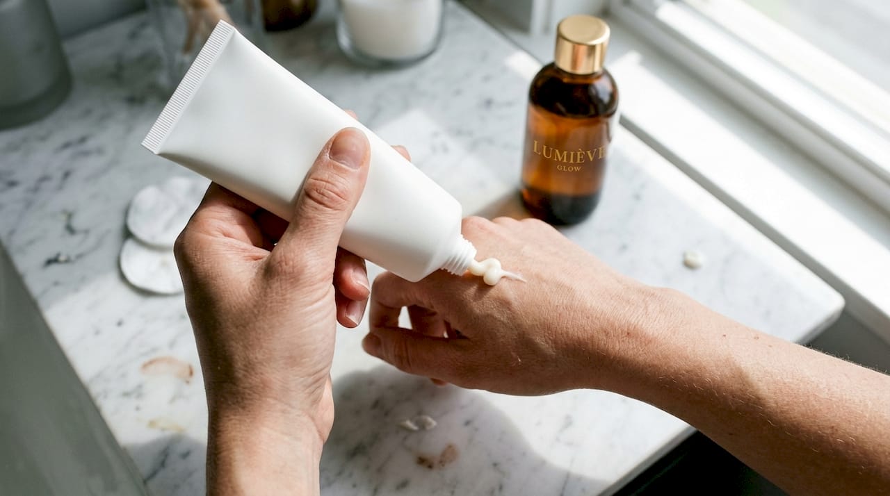 Close-up hands using moisturizer on vanity
