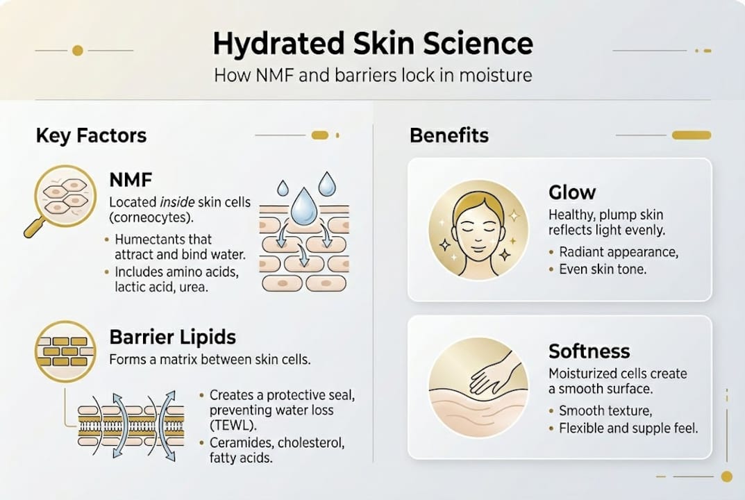 Infographic on skin hydration with key factors and benefits