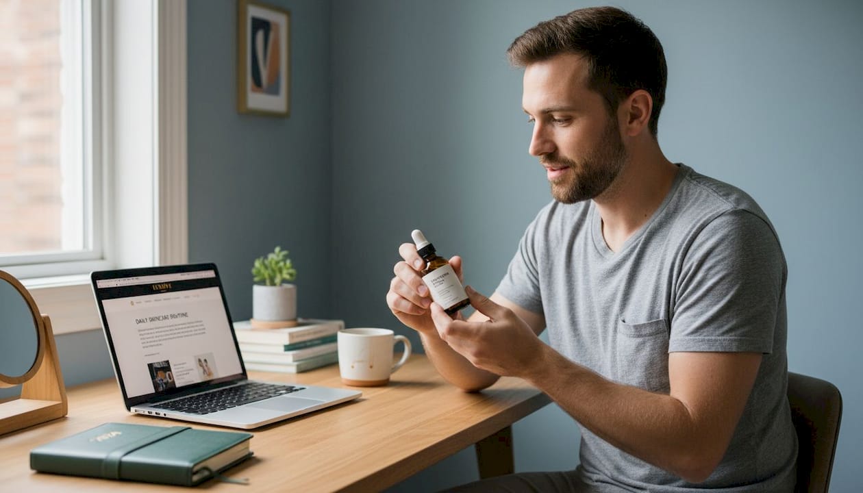 Man reading niacinamide serum label at desk