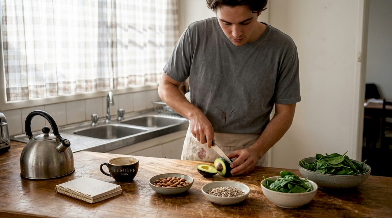 Man preparing vitamin E rich foods in kitchen
