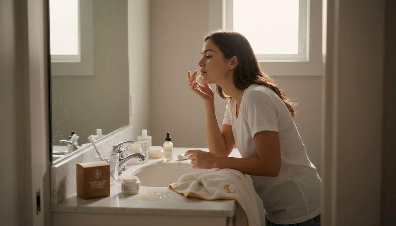Woman applying serum, supplements on countertop