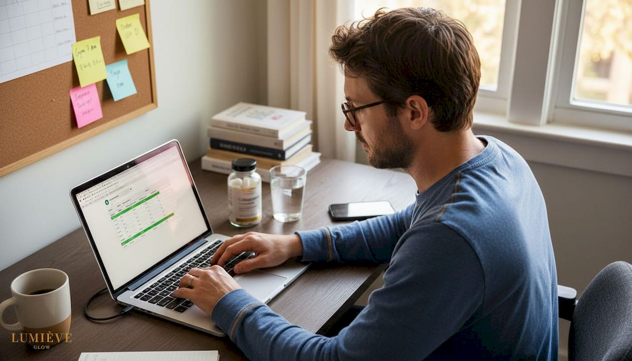 Man tracking supplement routine at home desk
