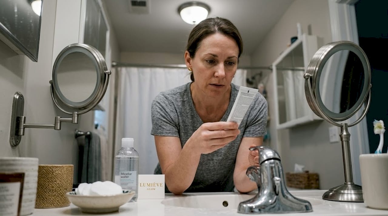Woman reading retinol cream instructions bathroom