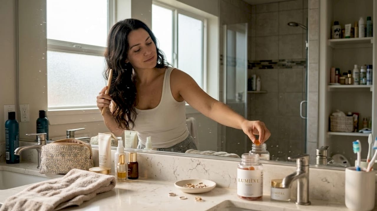 Woman adding gummies to her beauty routine