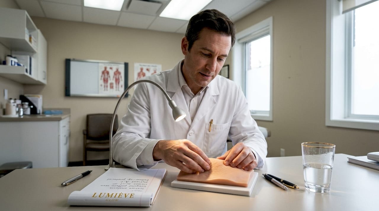 Dermatologist studies model showing skin barrier
