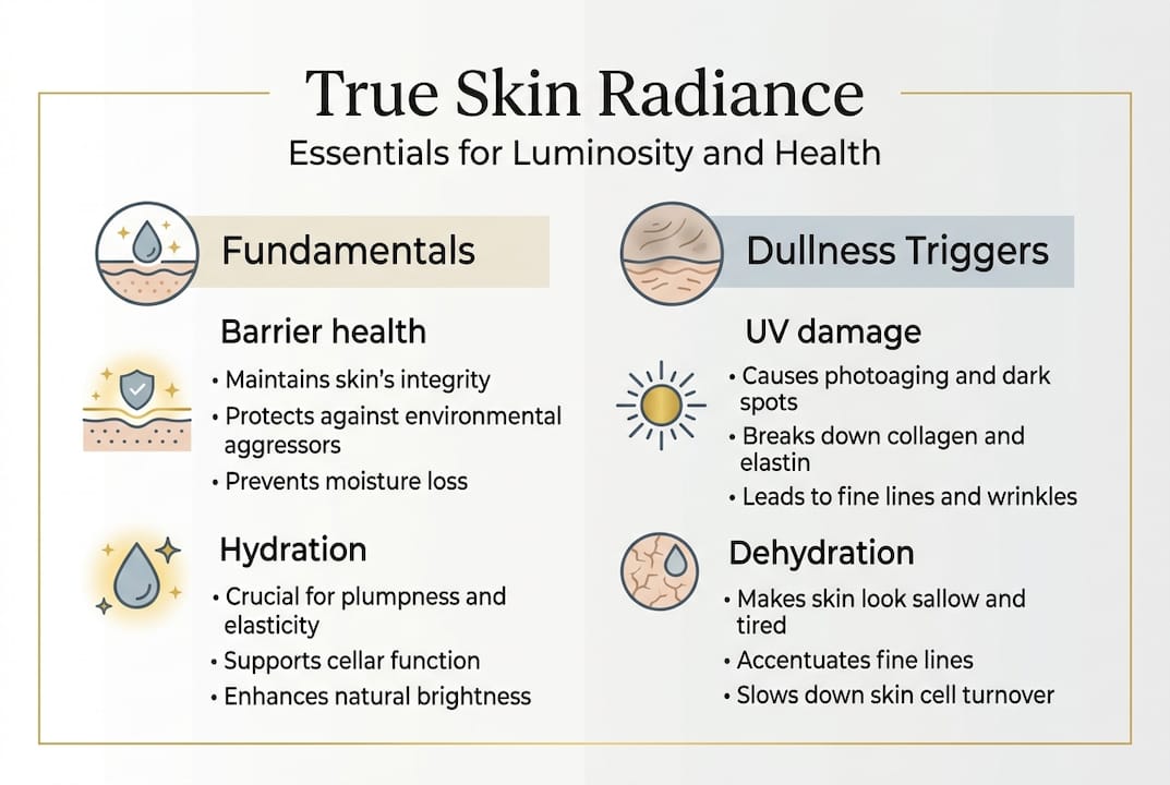 Infographic outlining fundamentals and triggers for radiant skin