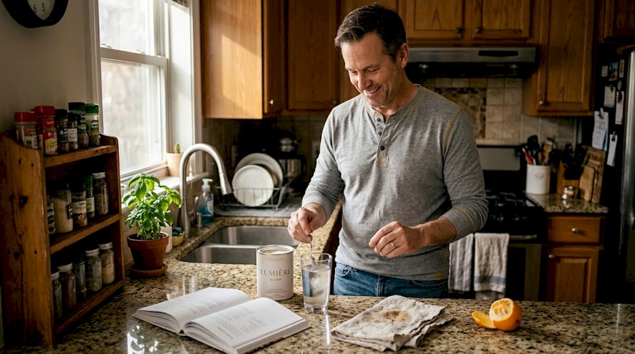 Man mixing collagen supplement in home kitchen