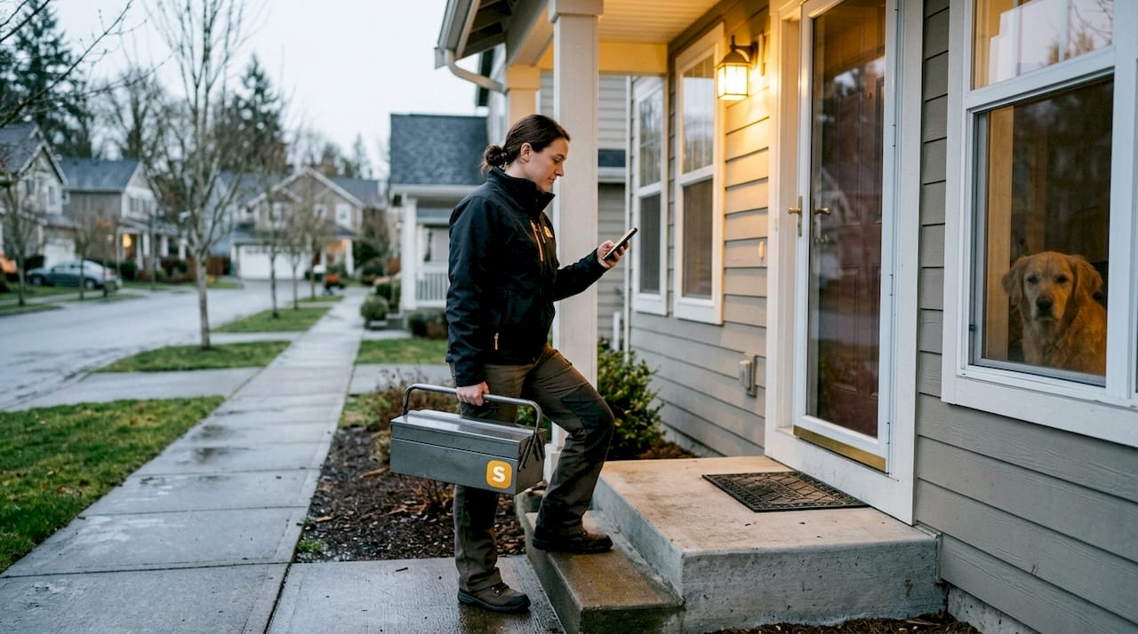 Technician checks scheduling app while arriving at house