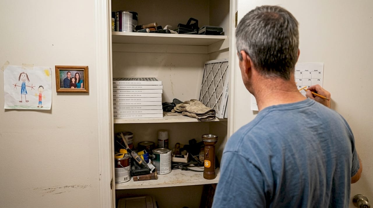 Man updates seasonal checklist in utility closet