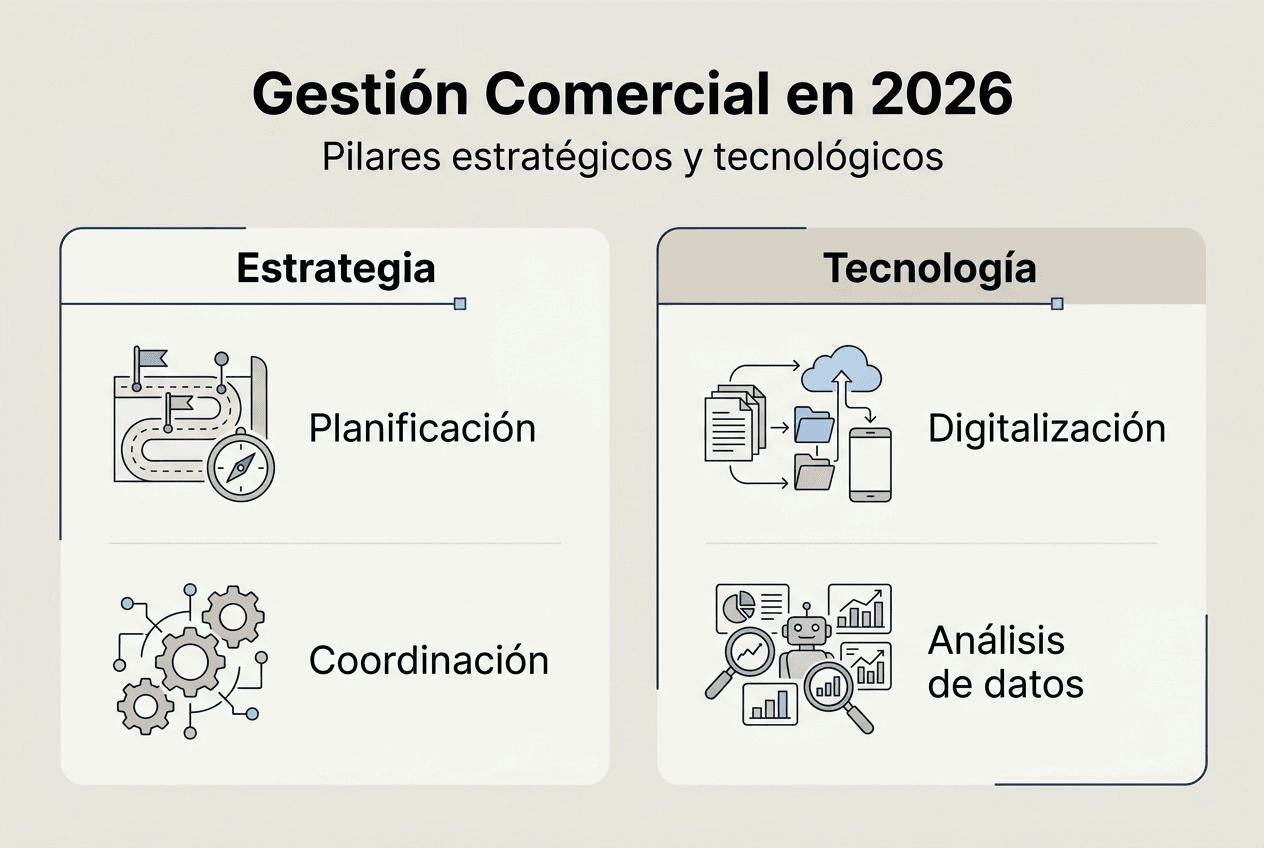 Infografía sobre los pilares fundamentales y las herramientas tecnológicas en la gestión comercial