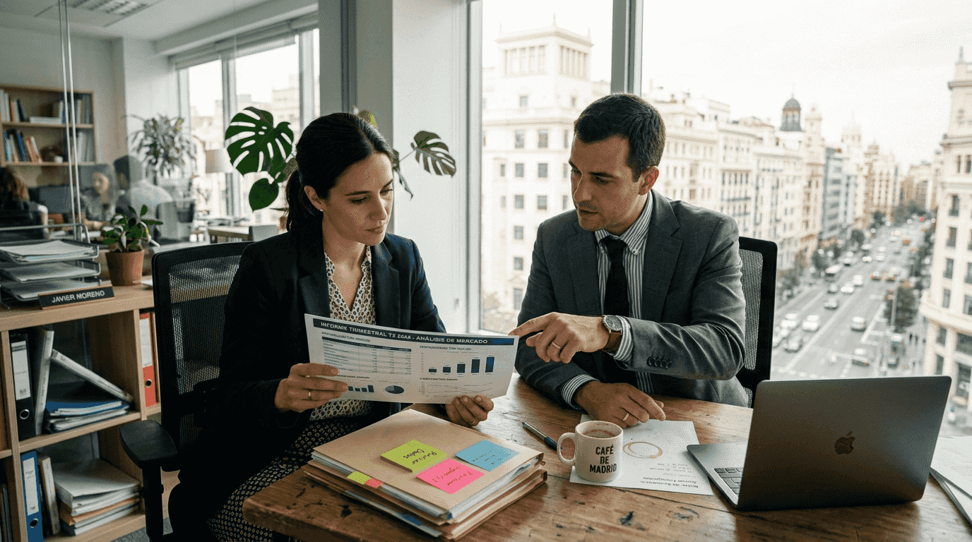 Una pareja analiza juntos la gestión comercial en su oficina.