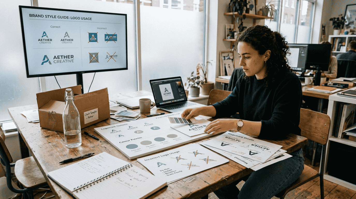 Designer assembling logo guideline materials
