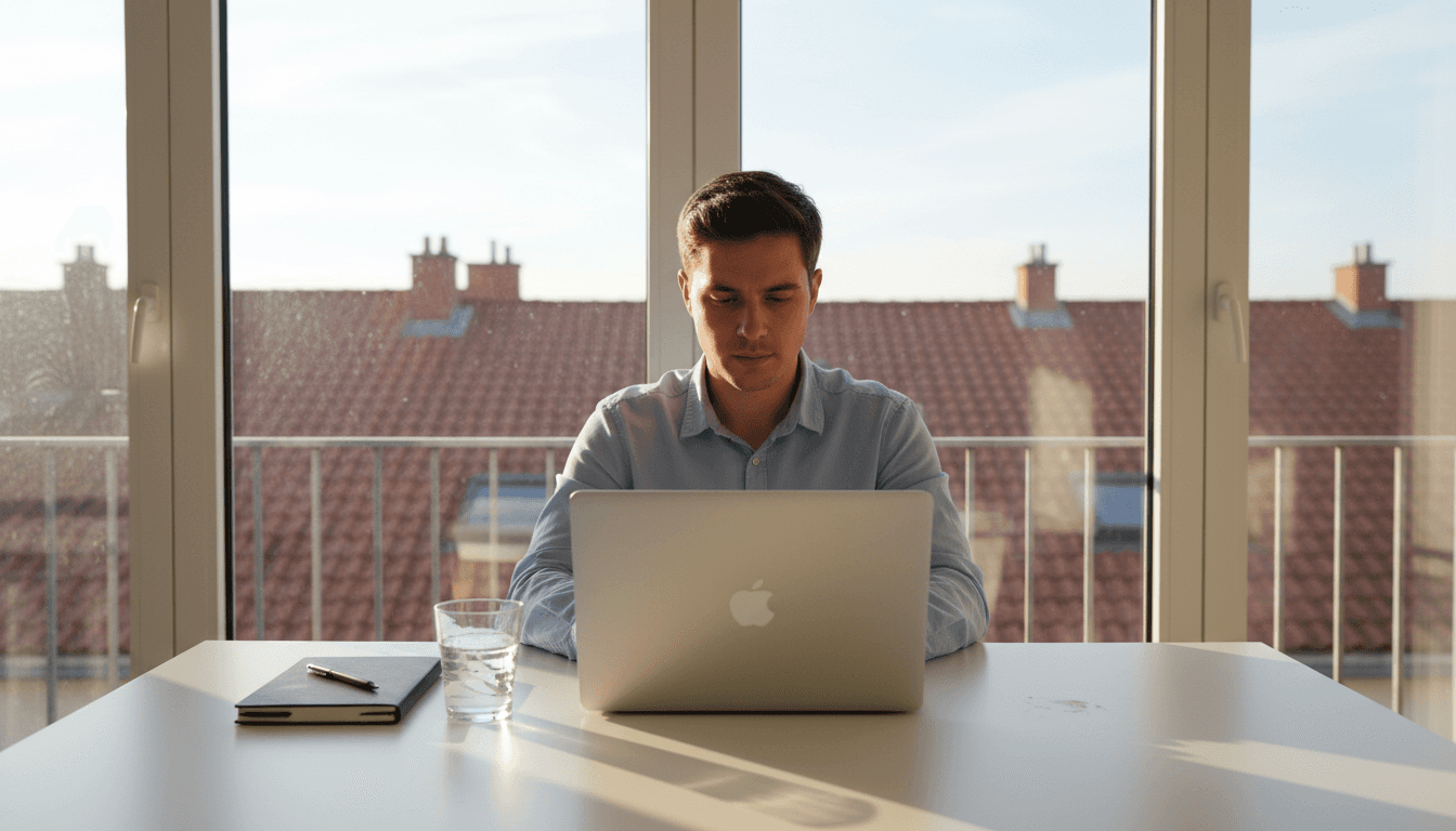 Minimalist workspace with apple-branded laptop
