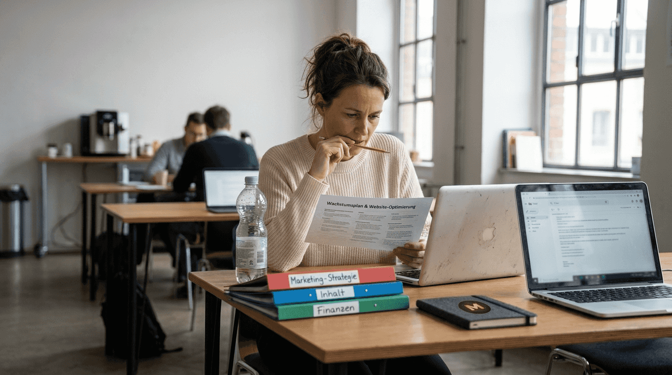 Der Inhaber prüft die Wachstumsstrategie für das Webprojekt.