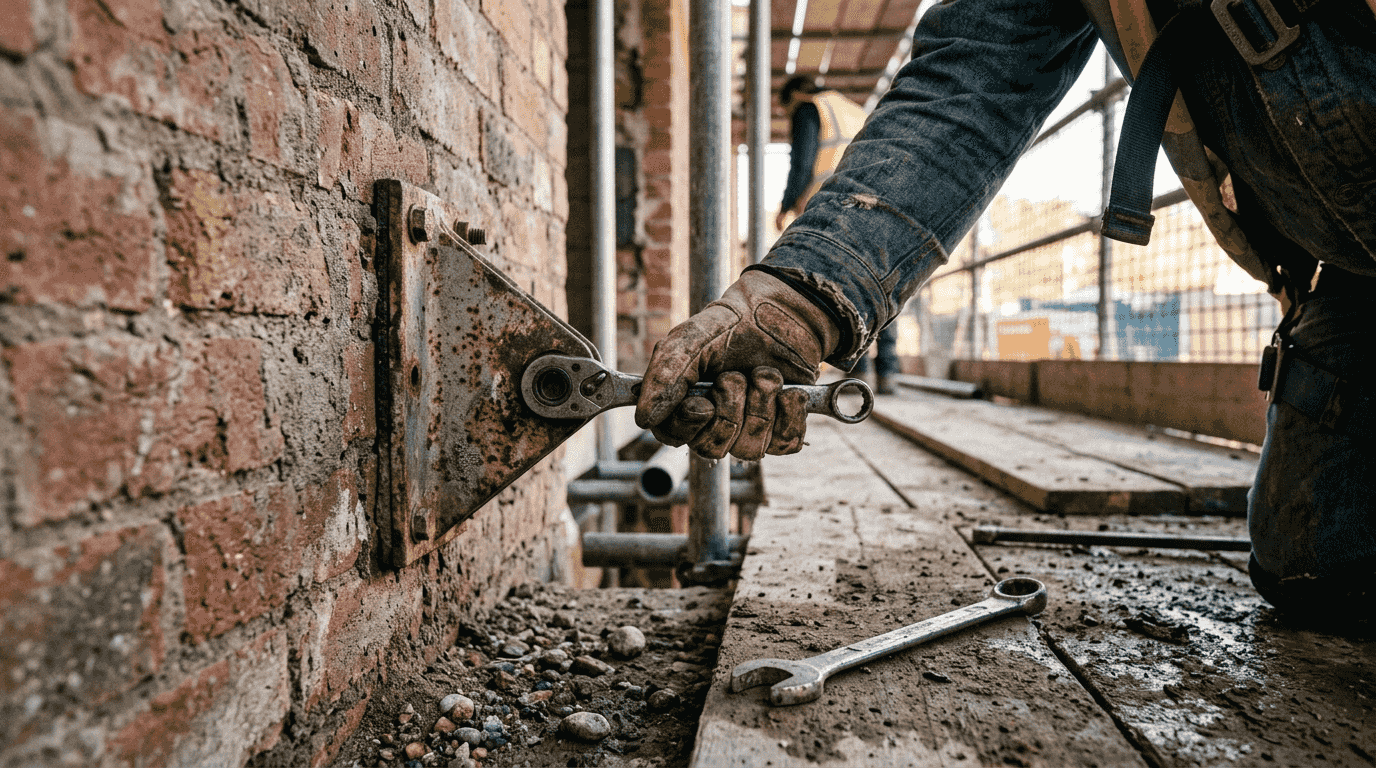 Pracownik dokręca kotwę rusztowania do ściany, dbając o bezpieczeństwo konstrukcji.