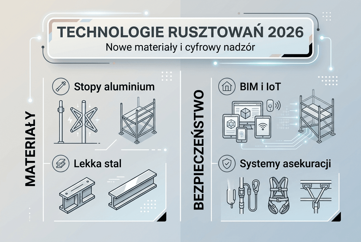 Porównawcza infografika przedstawiająca najnowsze rozwiązania technologiczne oraz standardy bezpieczeństwa stosowane przy montażu rusztowań