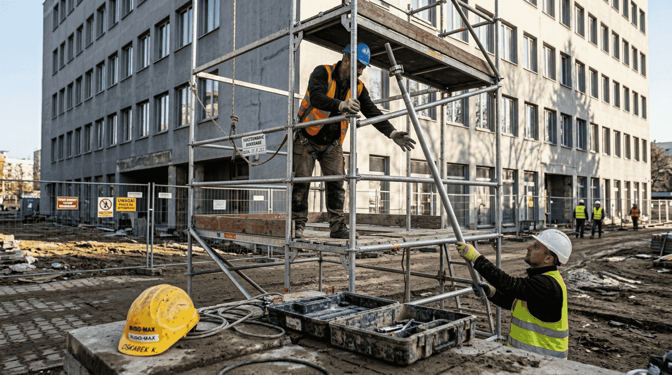 Pracownicy sprawnie i dynamicznie montują konstrukcję rusztowań na placu budowy.