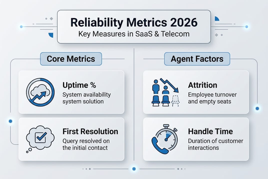 Infographic of call center reliability metrics split by type