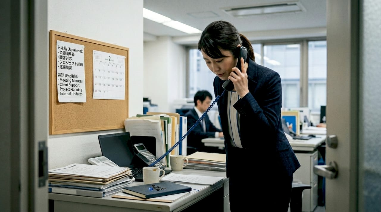 Japanese businesswoman making formal apology call