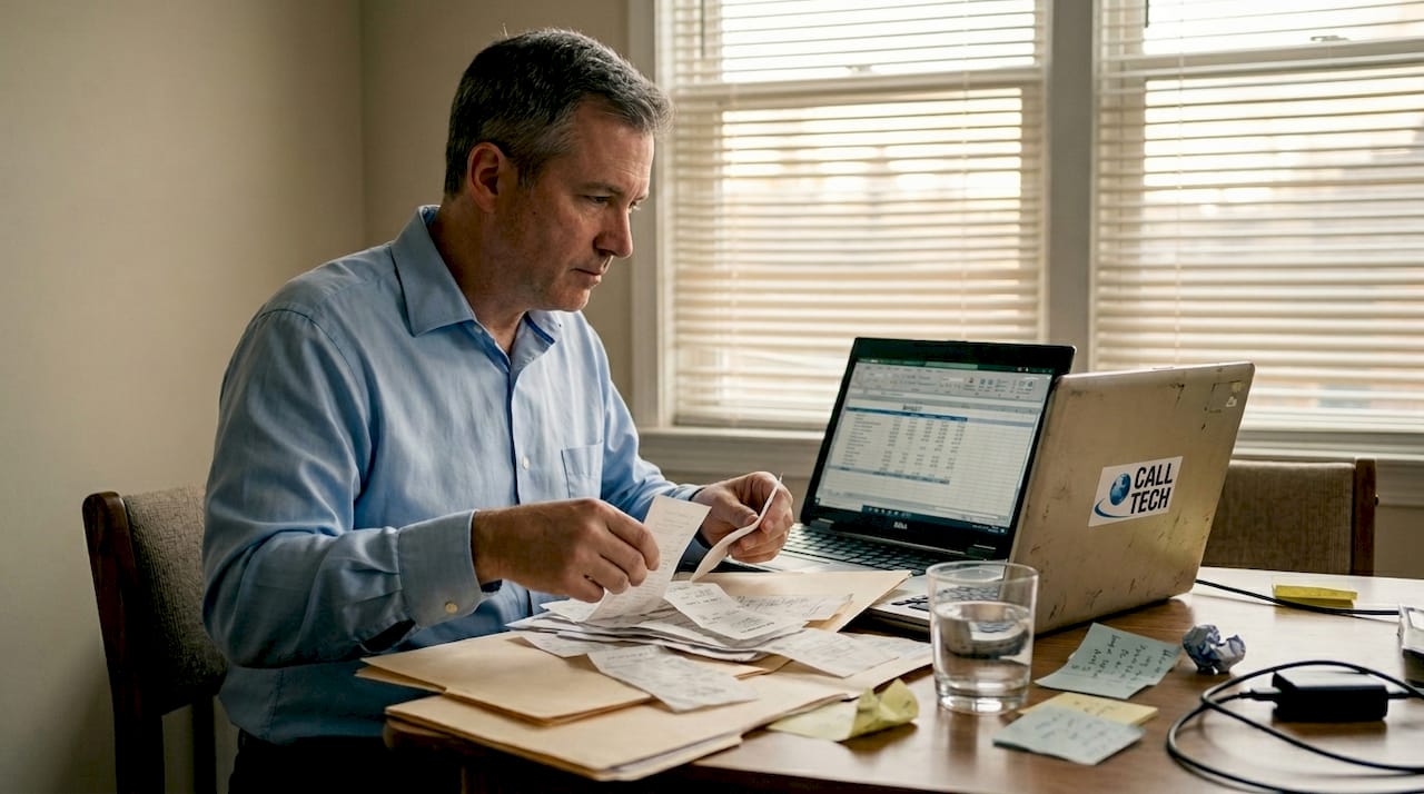 Man sorting receipts at home office table