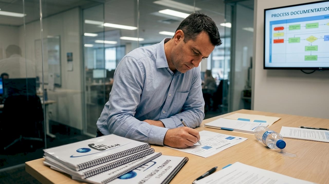 Leader documenting multilingual processes in meeting room