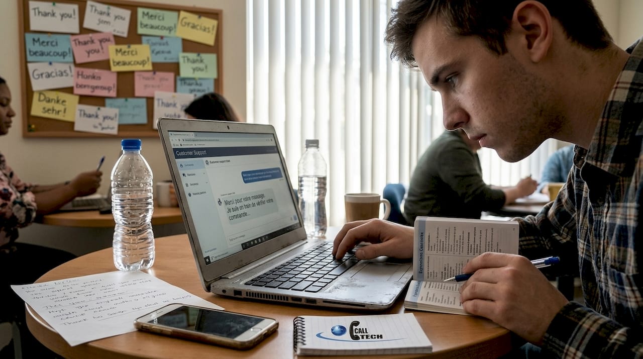 Support agent types reply using phrasebook