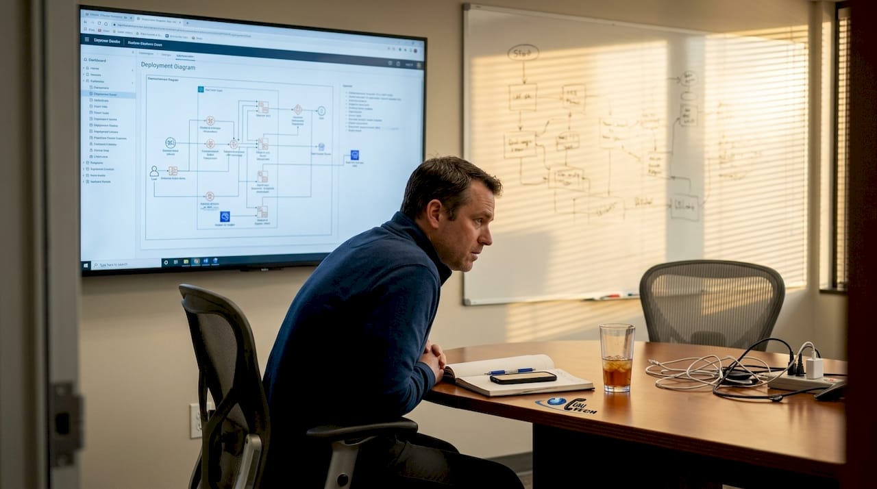 IT manager reviewing cloud deployment in meeting