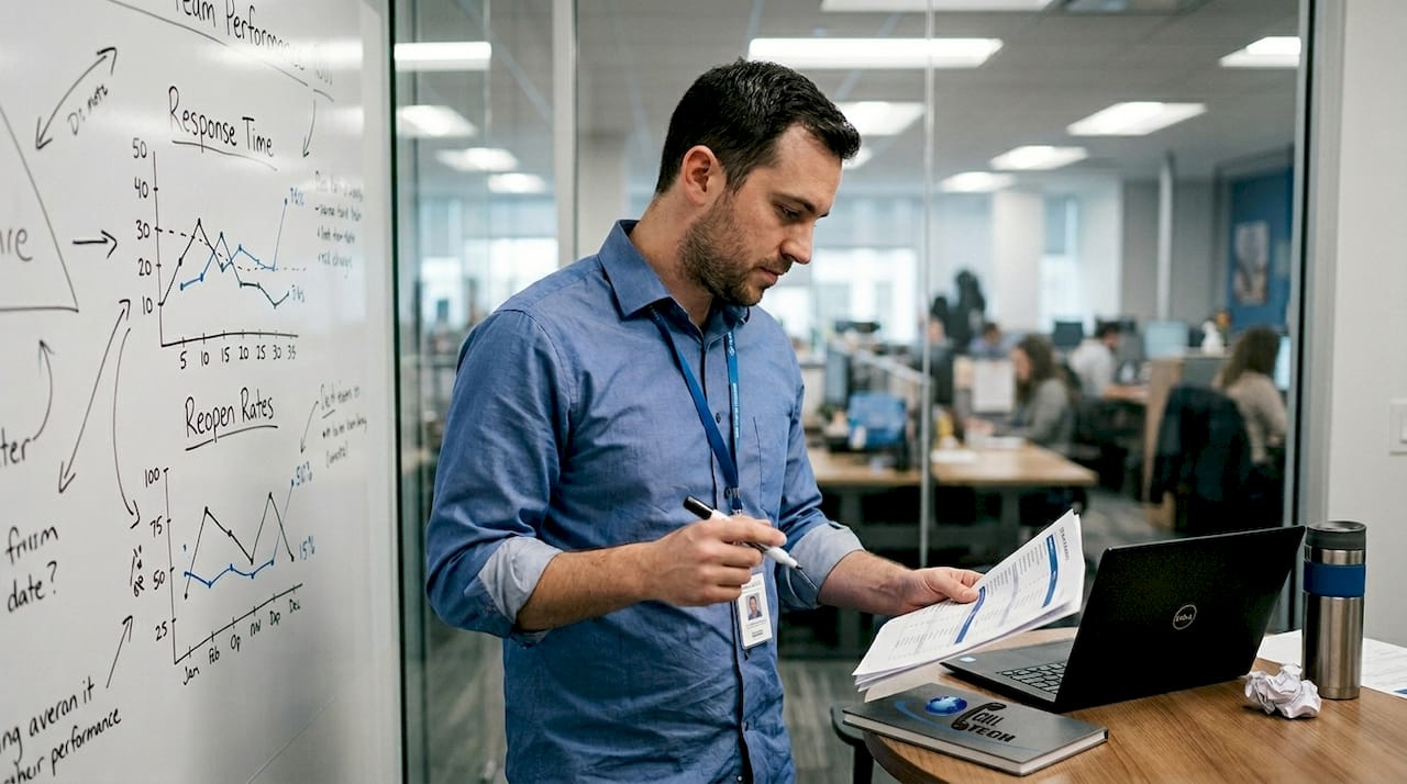Manager reviewing ticket data by whiteboard