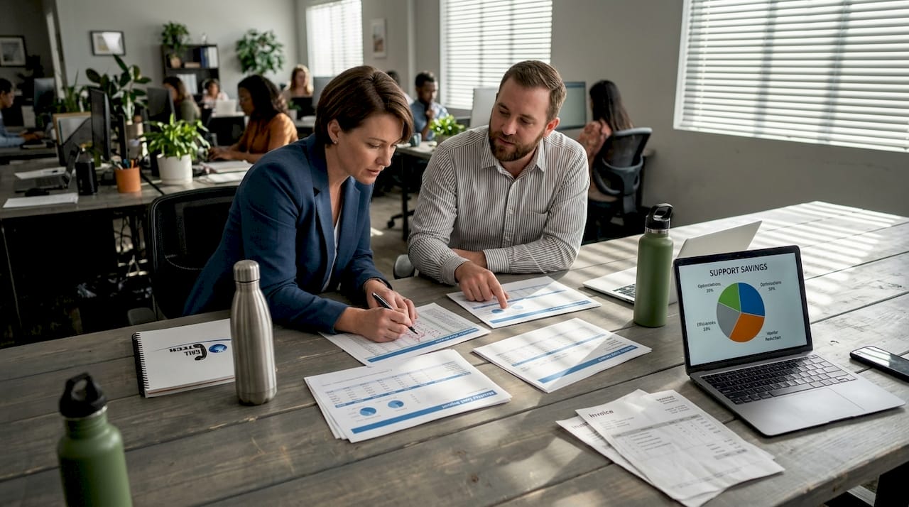 Colleagues reviewing CRM savings report together