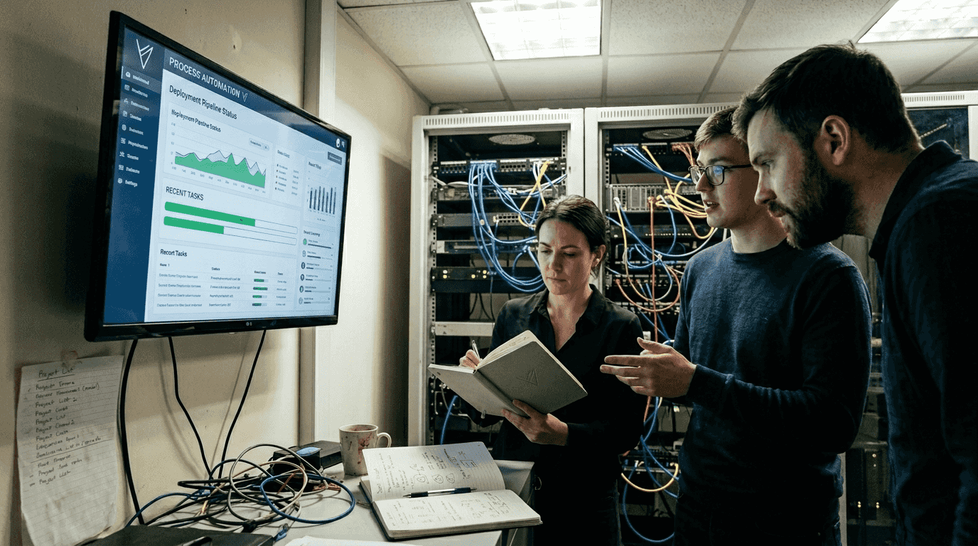 IT team monitors task automation in server room