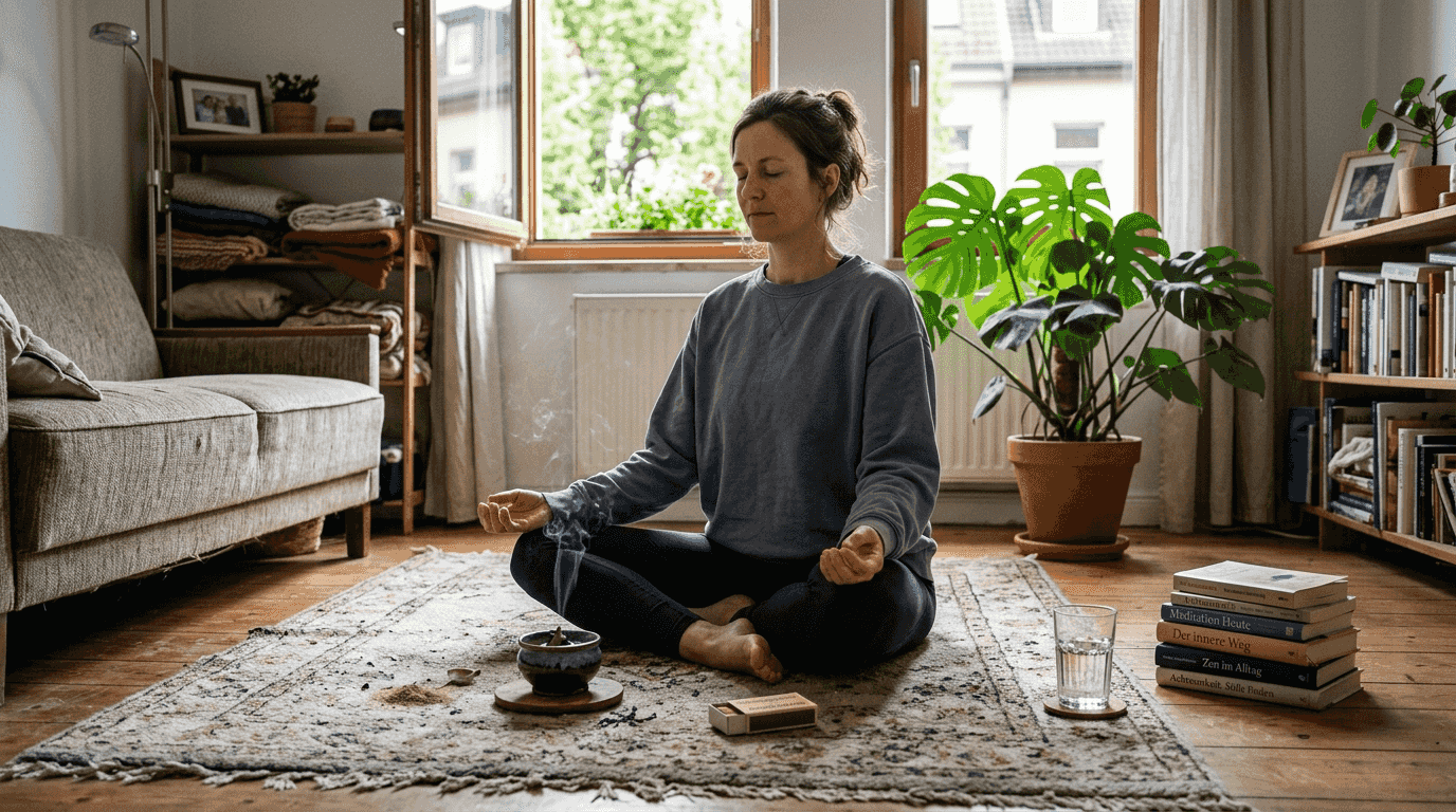 Eine Frau sitzt entspannt und meditiert, während aus einem Räucherstäbchen sanft duftende Rauchschwaden aufsteigen.