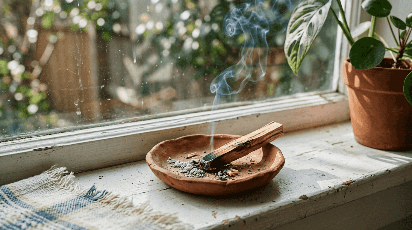 Ein glimmender Palo Santo Holzstab verströmt seinen Duft in einer kleinen Tonschale.