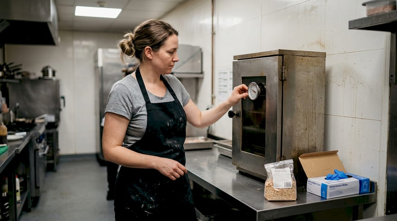 Eine Köchin kontrolliert die Temperatur im Kalträucherschrank.
