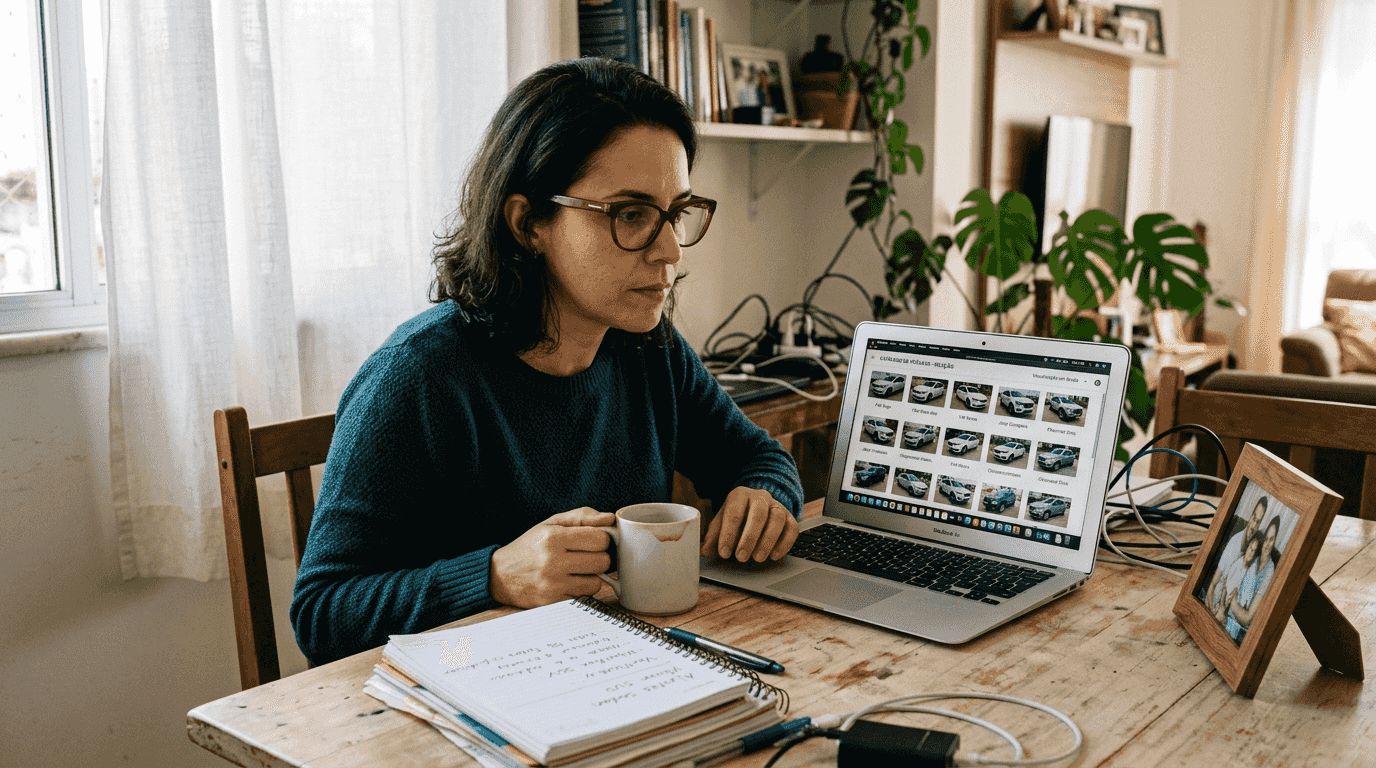 Uma mulher analisando várias fotos de carros