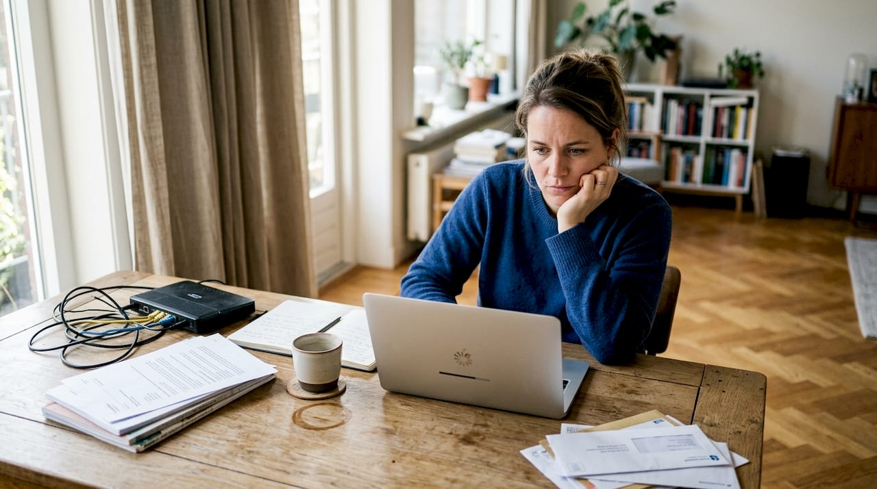 Vrouw zit thuis te wachten tot haar laptop eindelijk klaar is met updaten