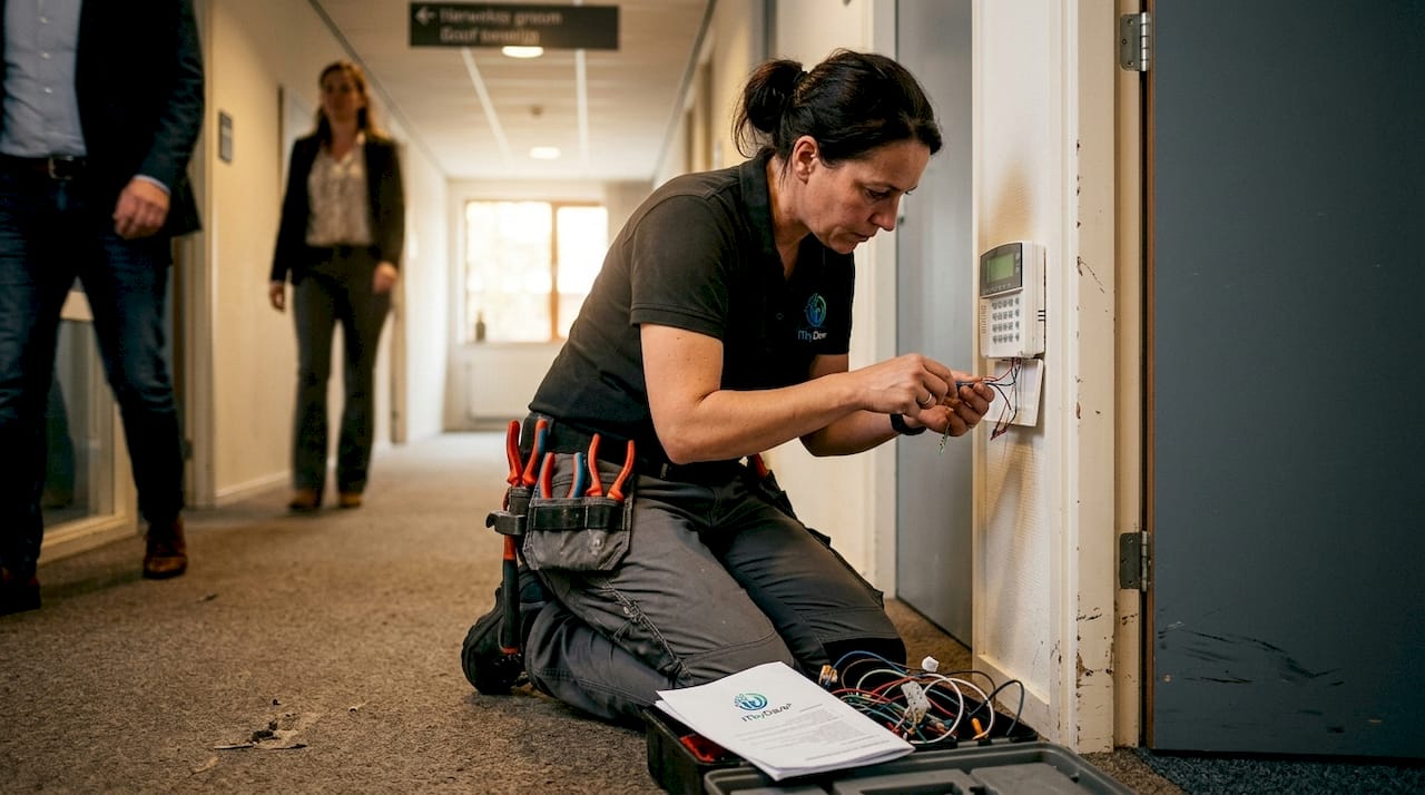 Een gecertificeerde monteur sluit het alarmsysteem aan op het kantoor.