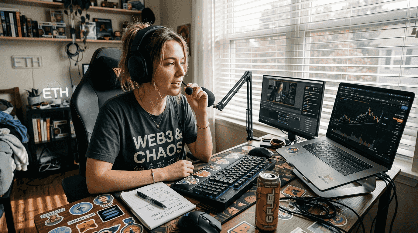 Crypto micro influencer streaming in bedroom