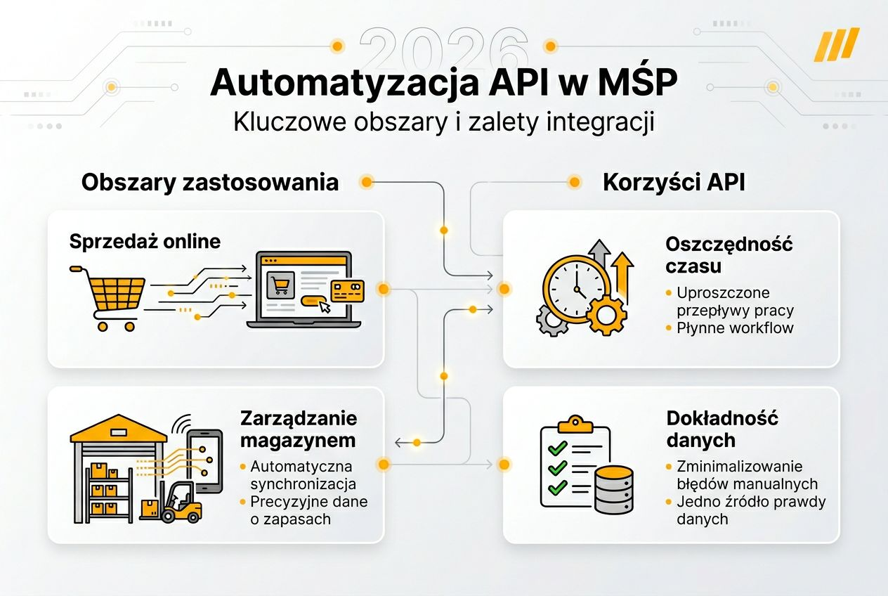 Infografika: najważniejsze zalety i przykładowe zastosowania API