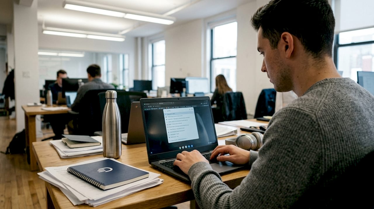 Man using Chrome tab search feature at desk