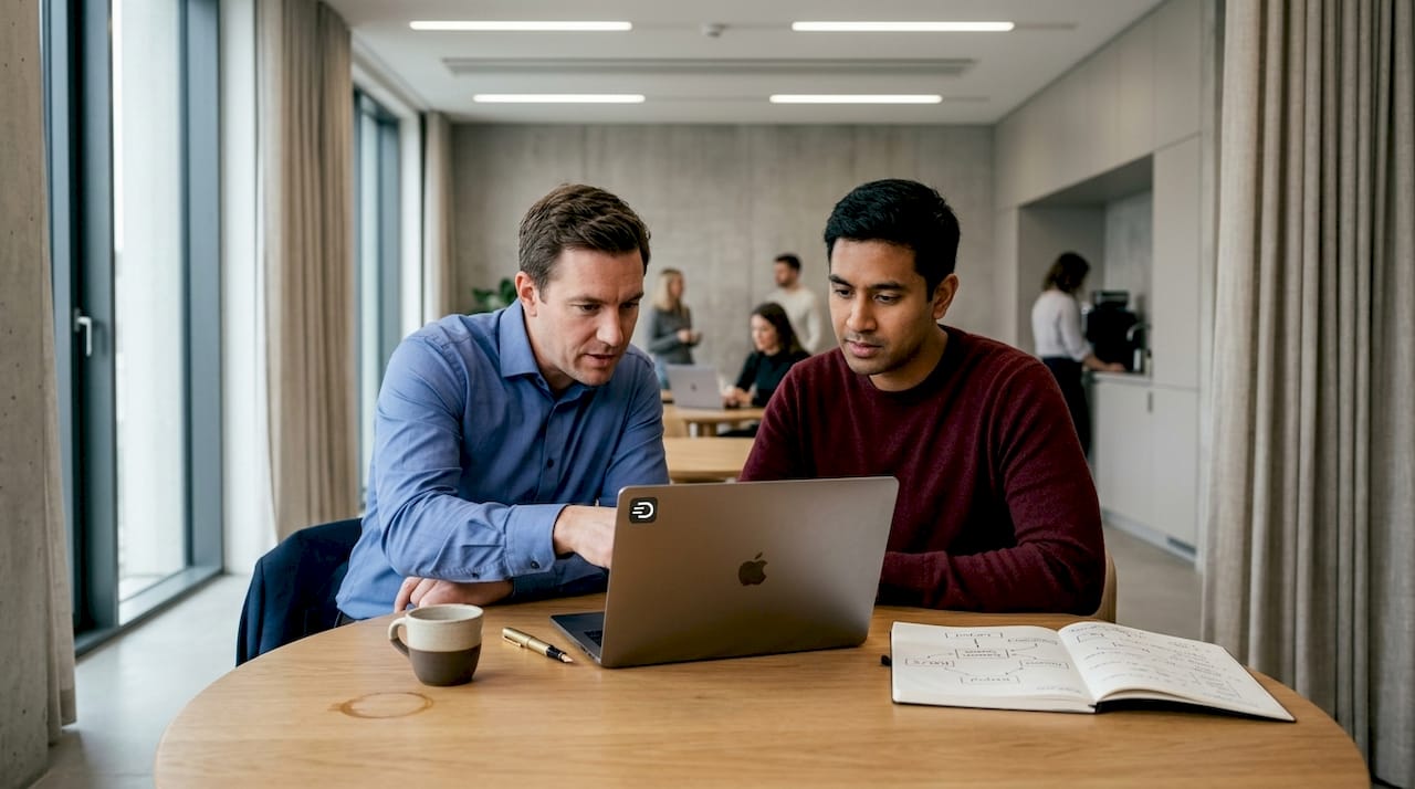 Colleagues reviewing hybrid retrieval flowchart