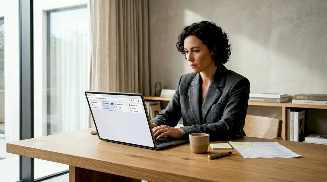 Man organizing browser tabs at open workspace