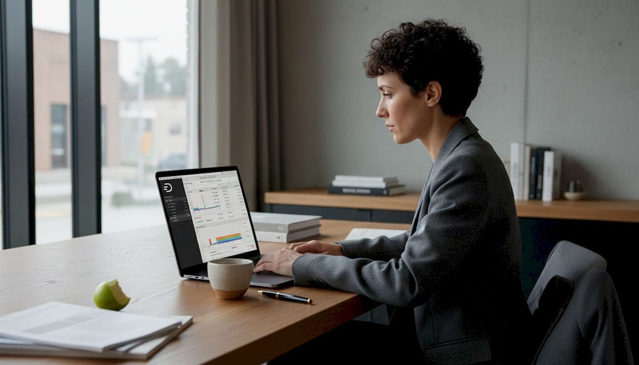 Worker checking RAM usage at dining table